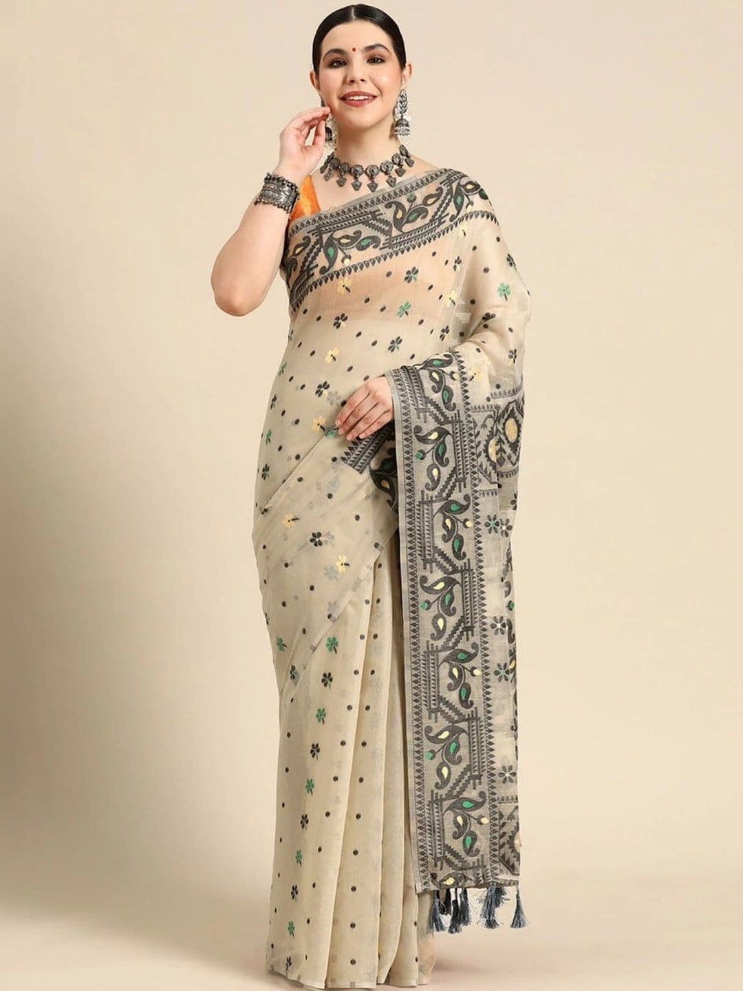 Off White Kanjeevaram Abstract Print Saree with Woven Border