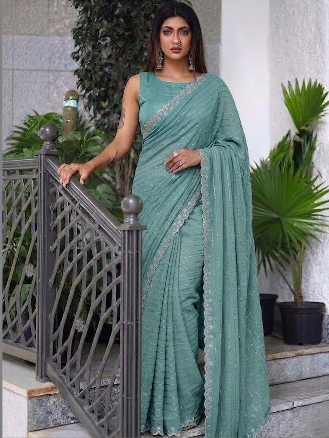 Teal Solid Striped Saree with Embroidered Border