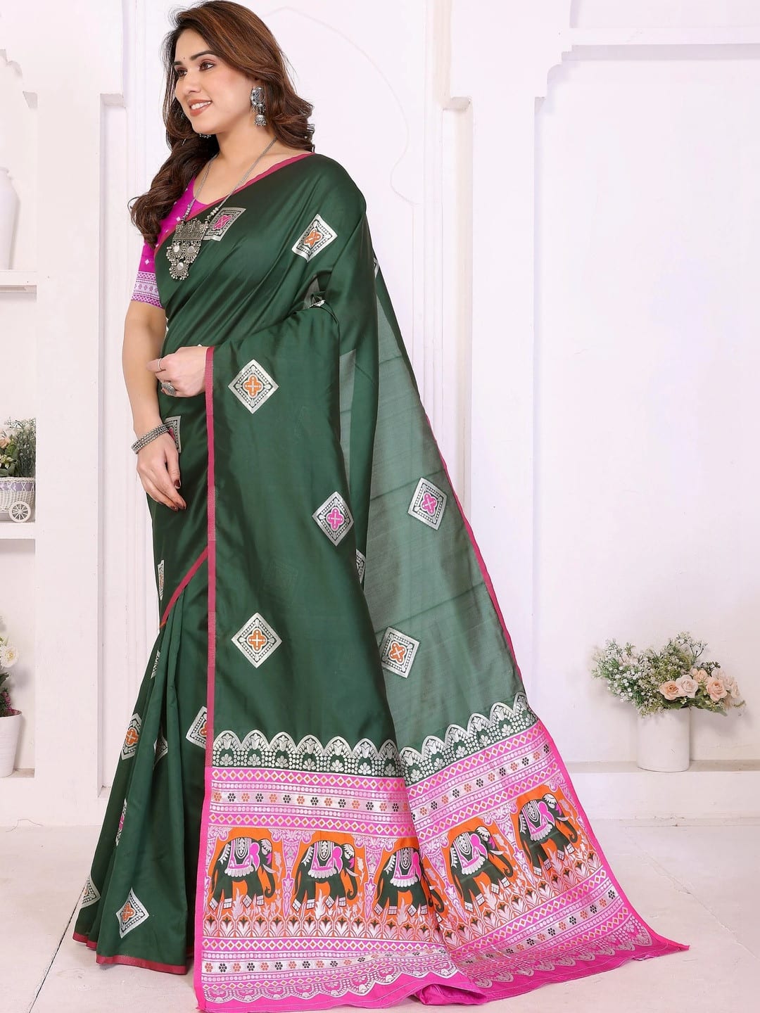 Green Banarasi Woven Saree with Zari Detail & Border
