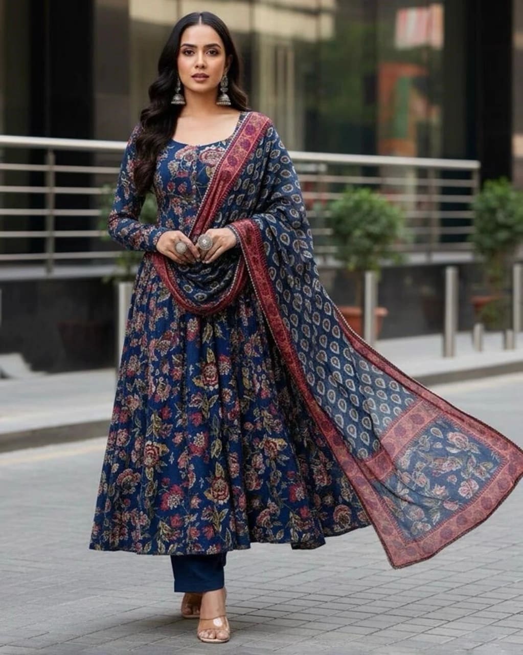 Navy Blue Floral Printed Rayon Anarkali Pant Set