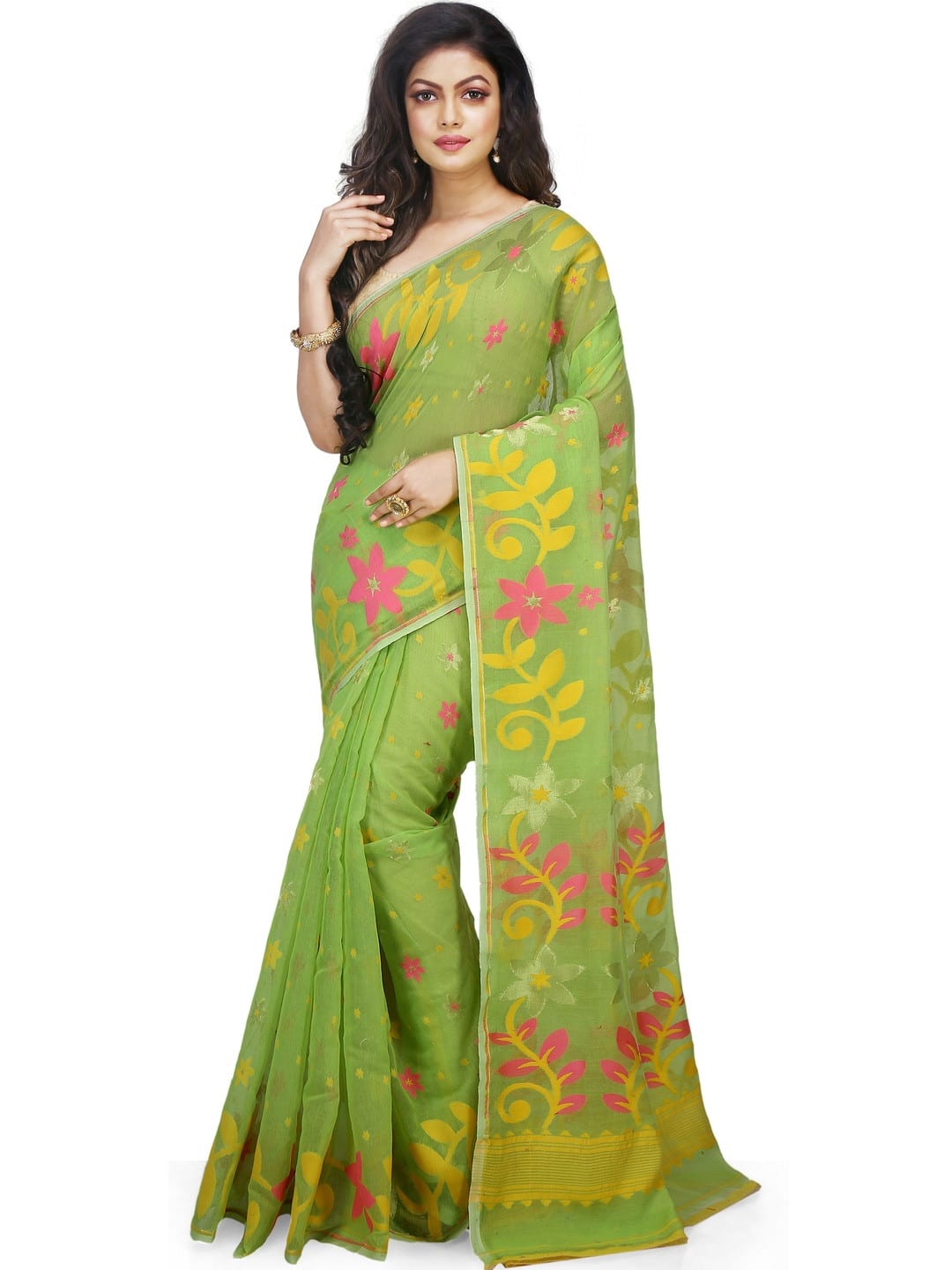 Lime Green Taant Floral Solid saree with Woven Design Border