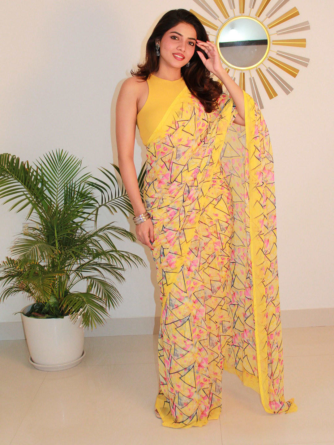 Yellow bagh Abstract printed saree with no border