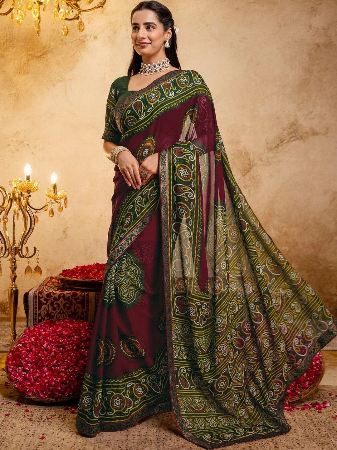 Maroon Georgette Bandhani Print Saree with Woven Border