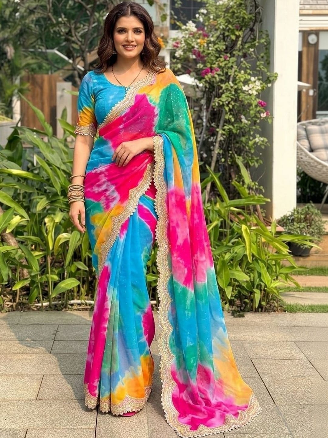 Tie and Dye Sequinned Pure Georgette Saree