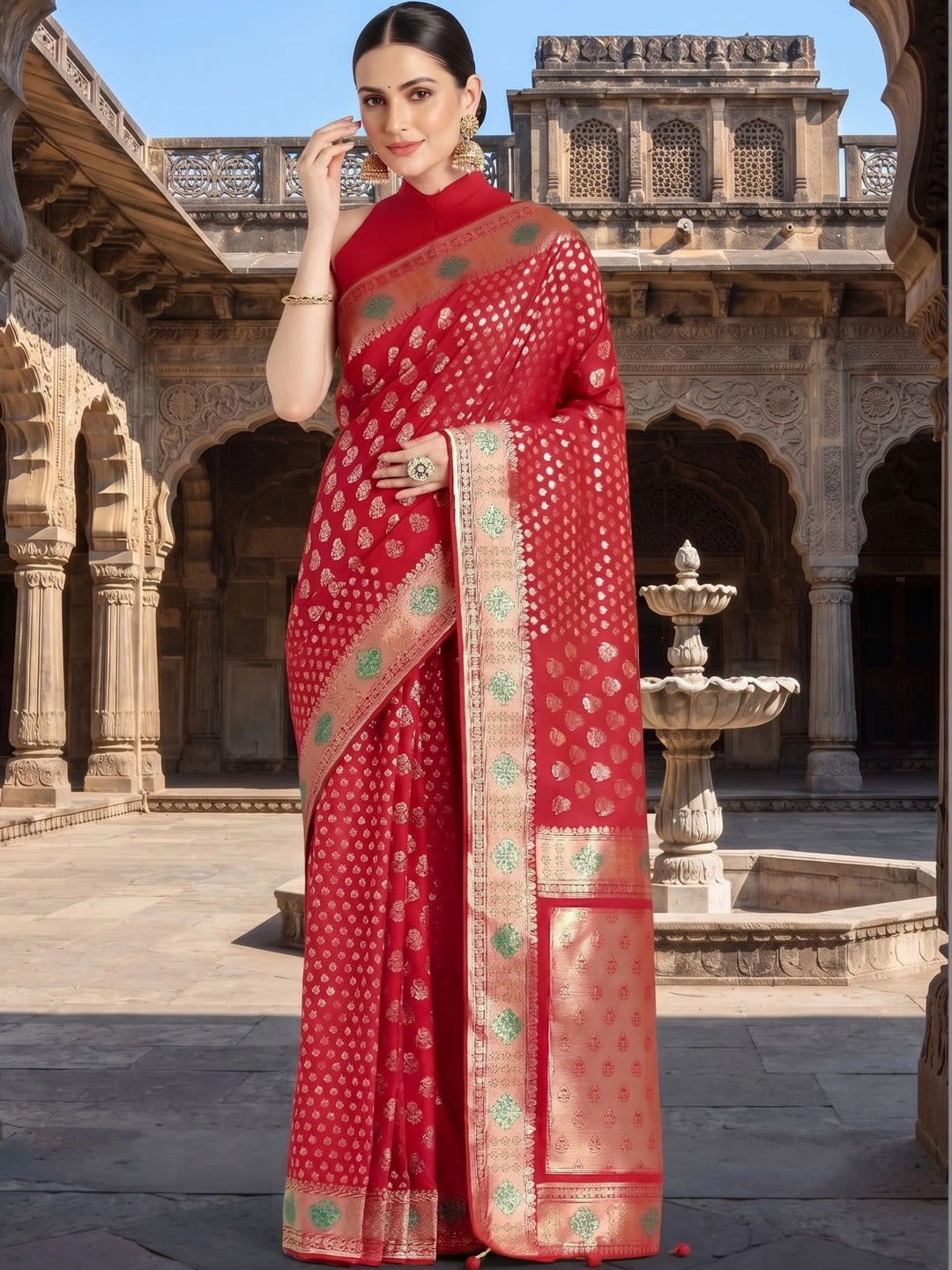 Red Banarasi Woven Saree with Zari Border