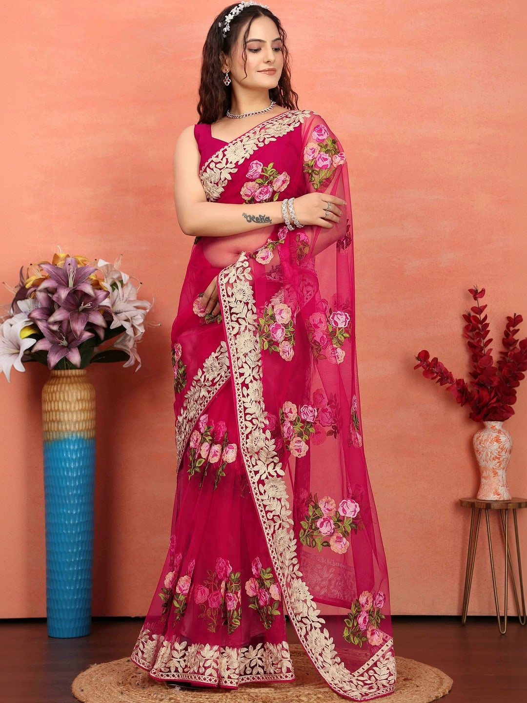 Pink Floral Embroidered Saree with Embroidered Border