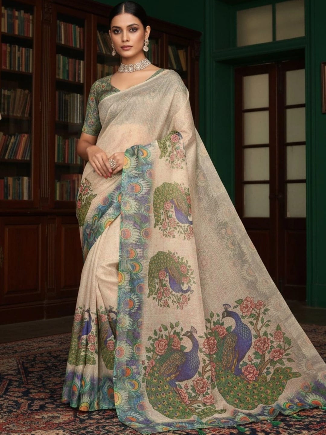 Cream Floral Printed Saree with Phulkari Details & Printed Border