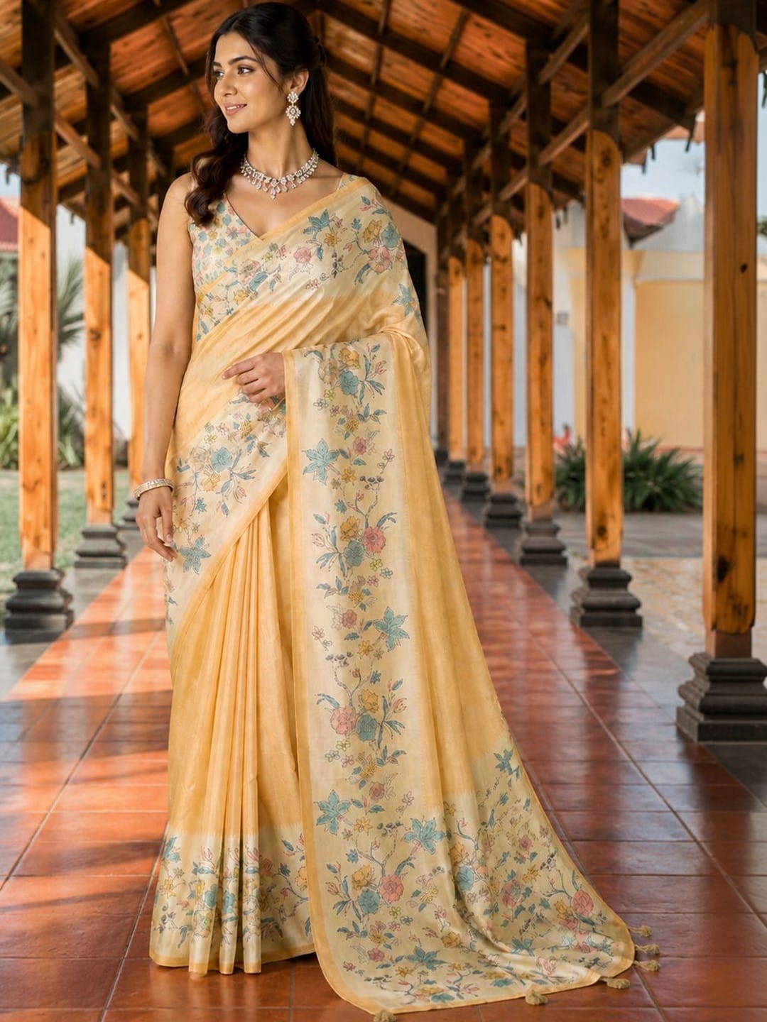 Mustard Silk Blend Printed Saree with Floral Embroidery