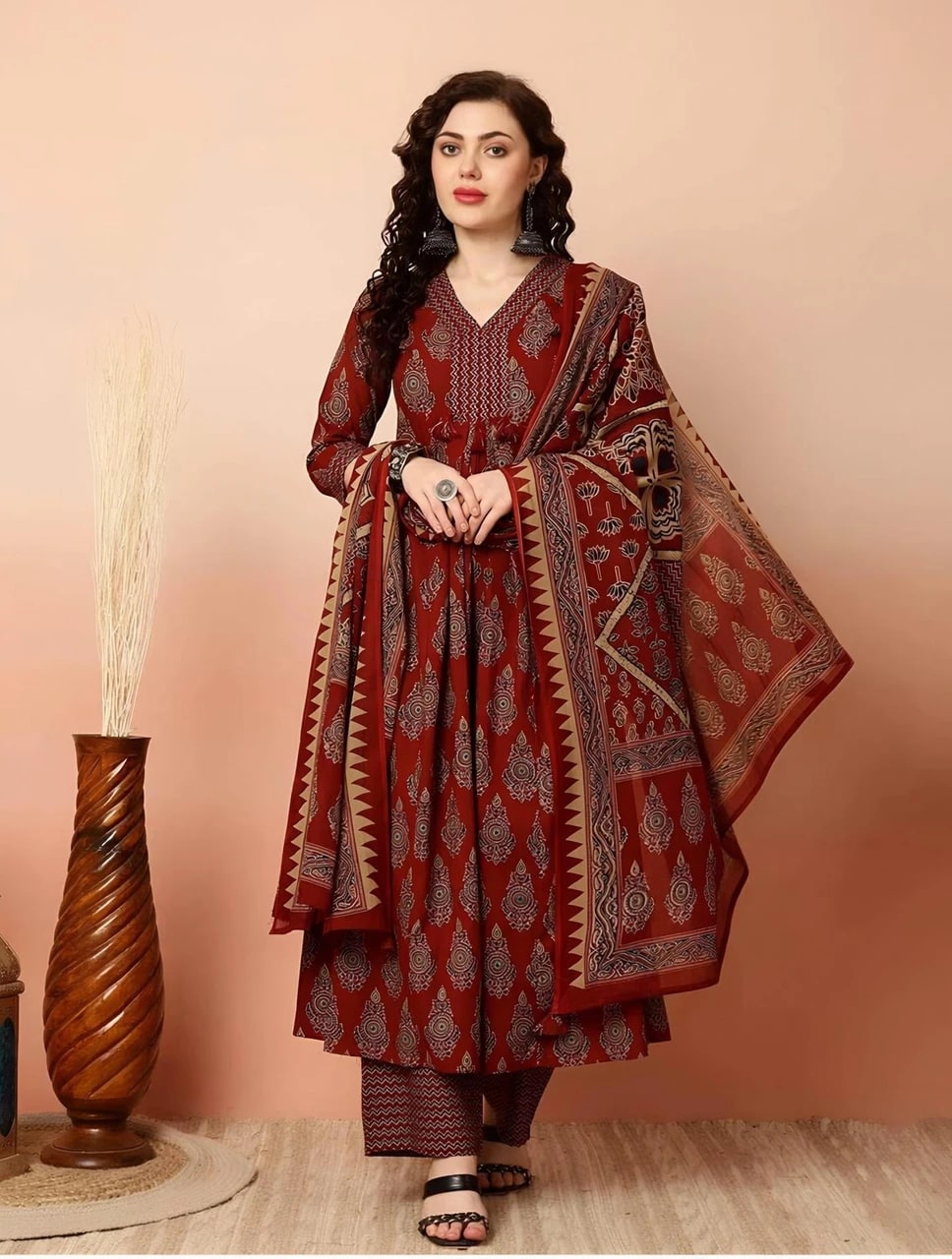 Maroon Floral Printed Rayon Naira Cut Kurta Palazzo Set