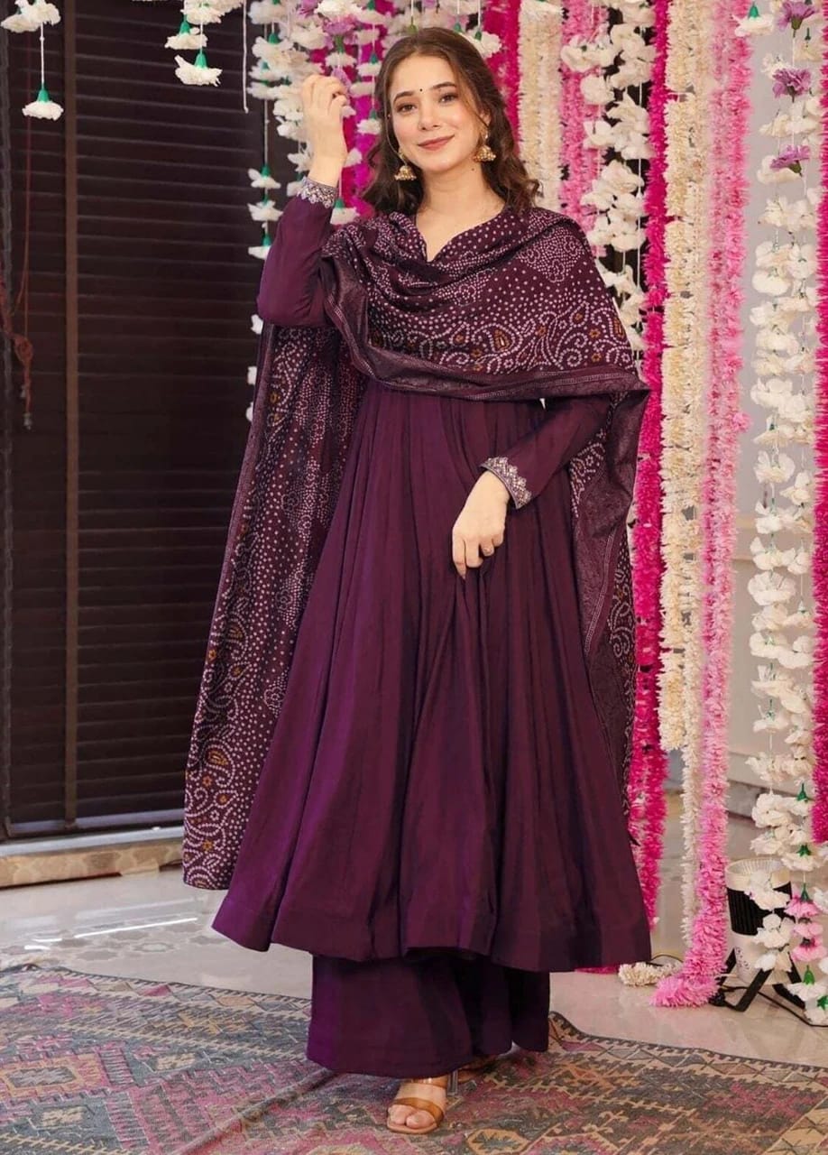 Purple Silk Blend Anarkali Palazzo Bandhani Dupatta Set
