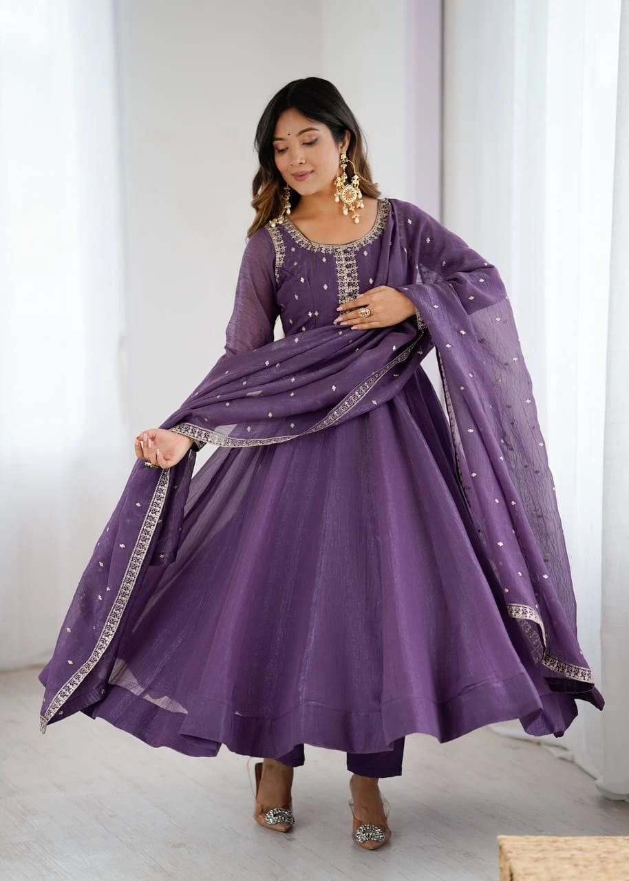 Lavender Silk Embroidered Flared Anarkali Pant Set