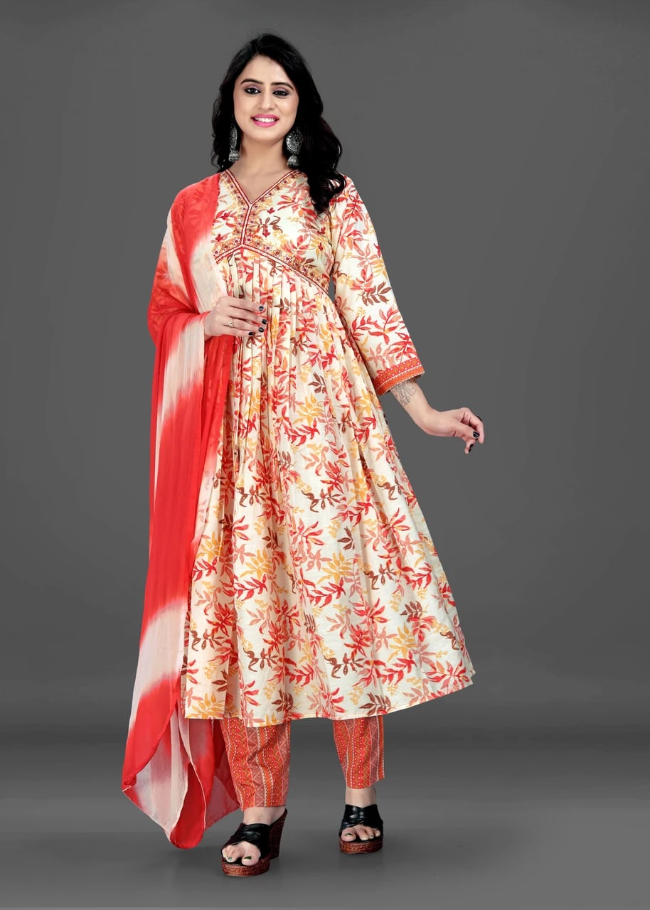 Multicolor Foil Printed Rayon Aliya Cut Kurta Pant Set