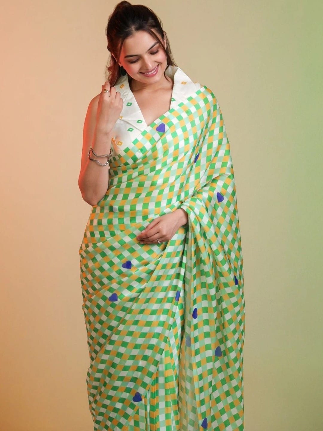 Multicoloured Checked Saree with Printed Border