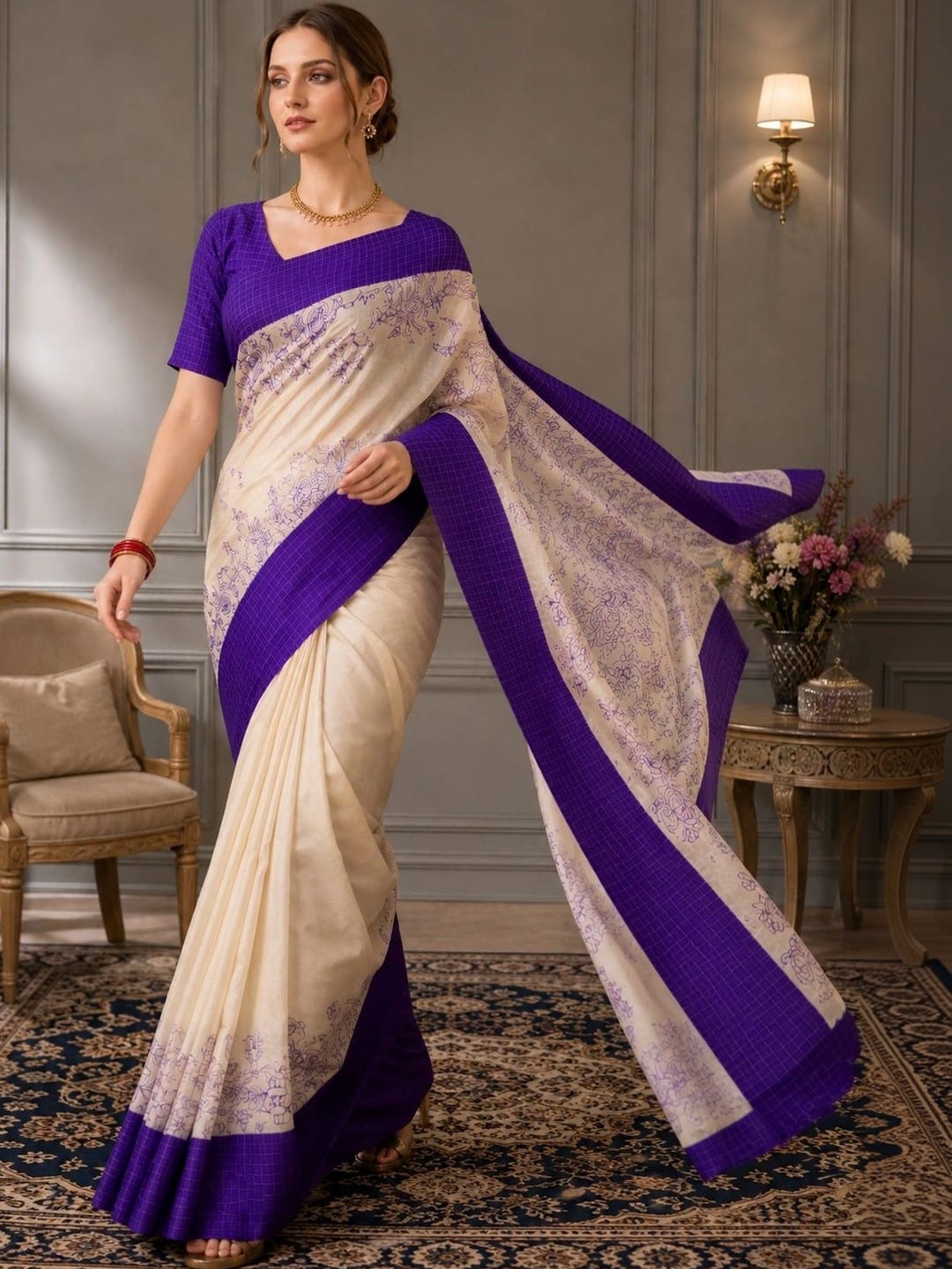 Blue & Cream Dola Silk Ethnic Motifs Saree with Printed Border