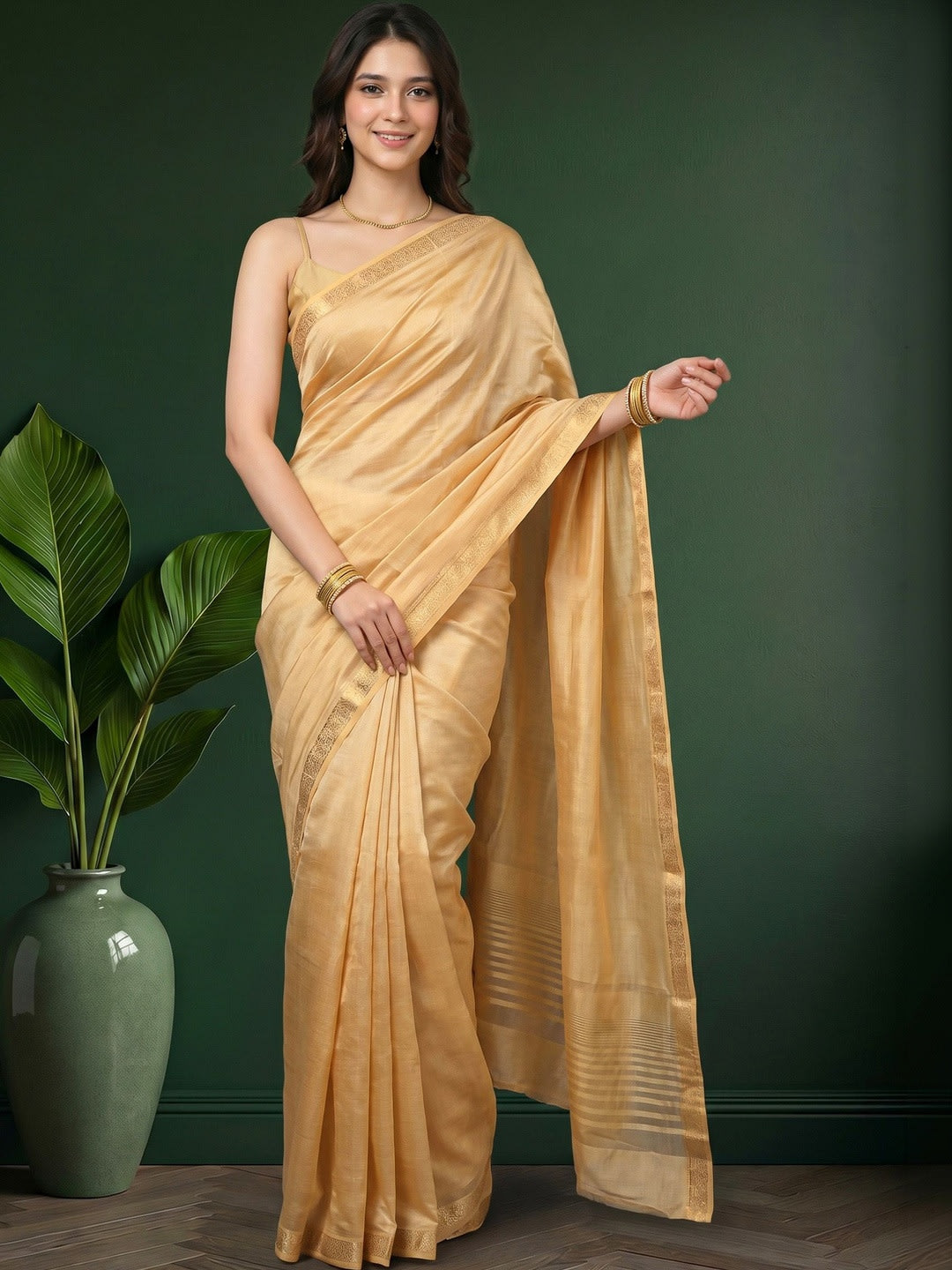 Beige Woven Design Striped saree with Zari Border