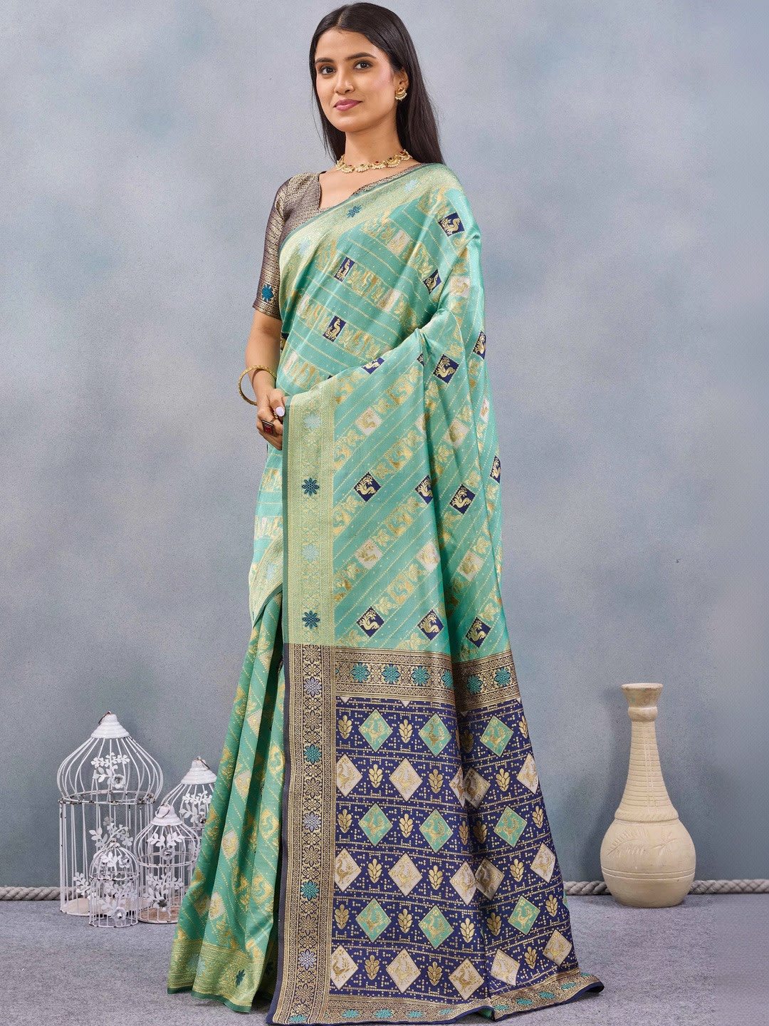 Teal & Navy Blue Patola Woven Saree with Zari Border