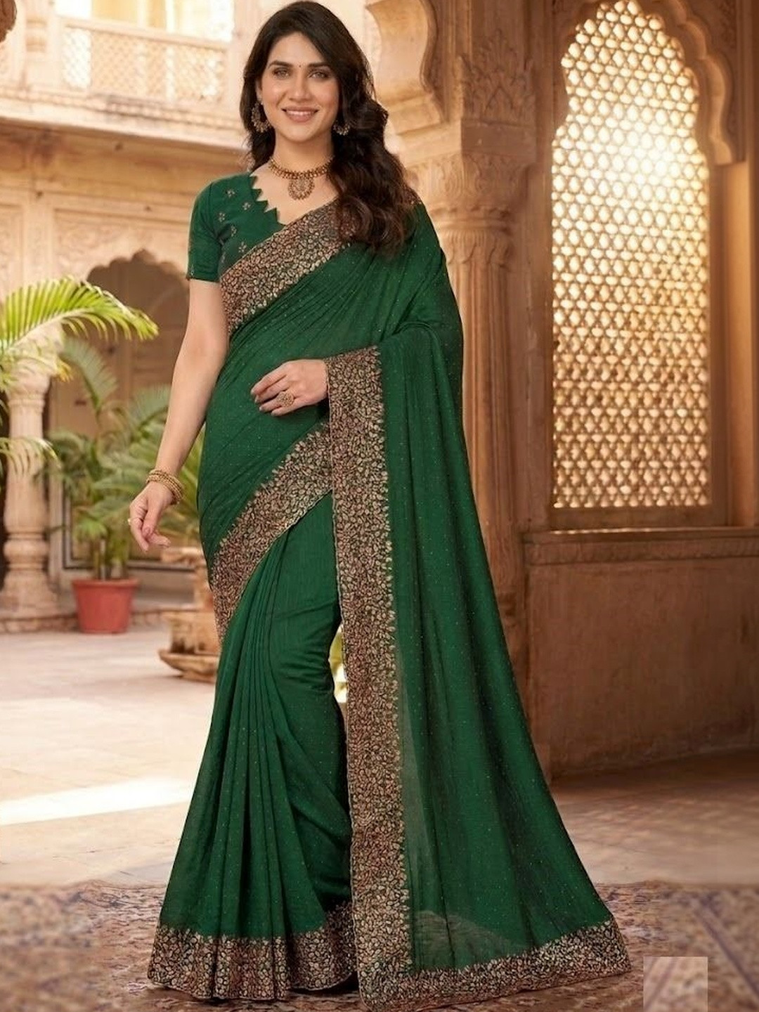 Green Bollywood Silk Blend Embellished Saree with Embroidered Border