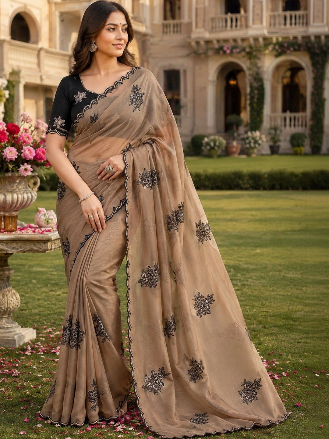 Beige Ethnic Motifs Embroidered Saree with Embroidered Border