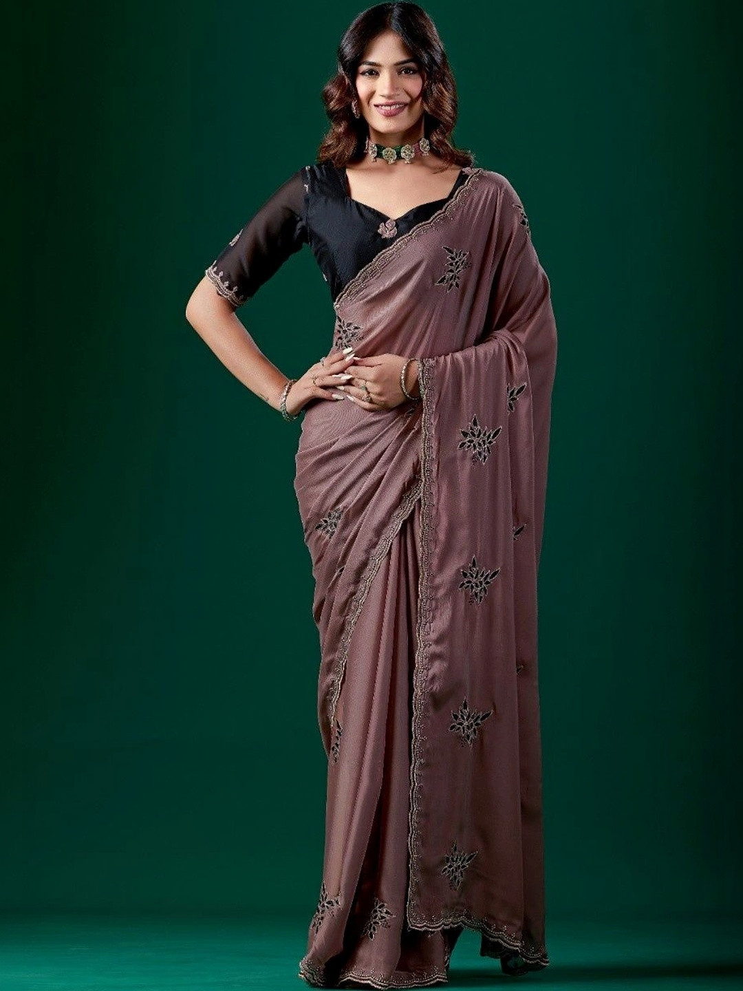 Brown Chanderi Saree with Floral Embroidery & Embroidered Border