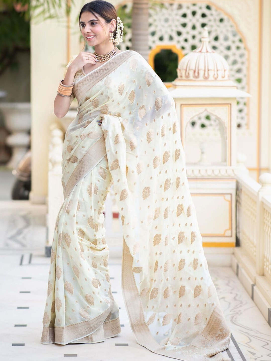 Off White Banarasi Silk Blend Saree with Ethnic Motifs & Zari Border