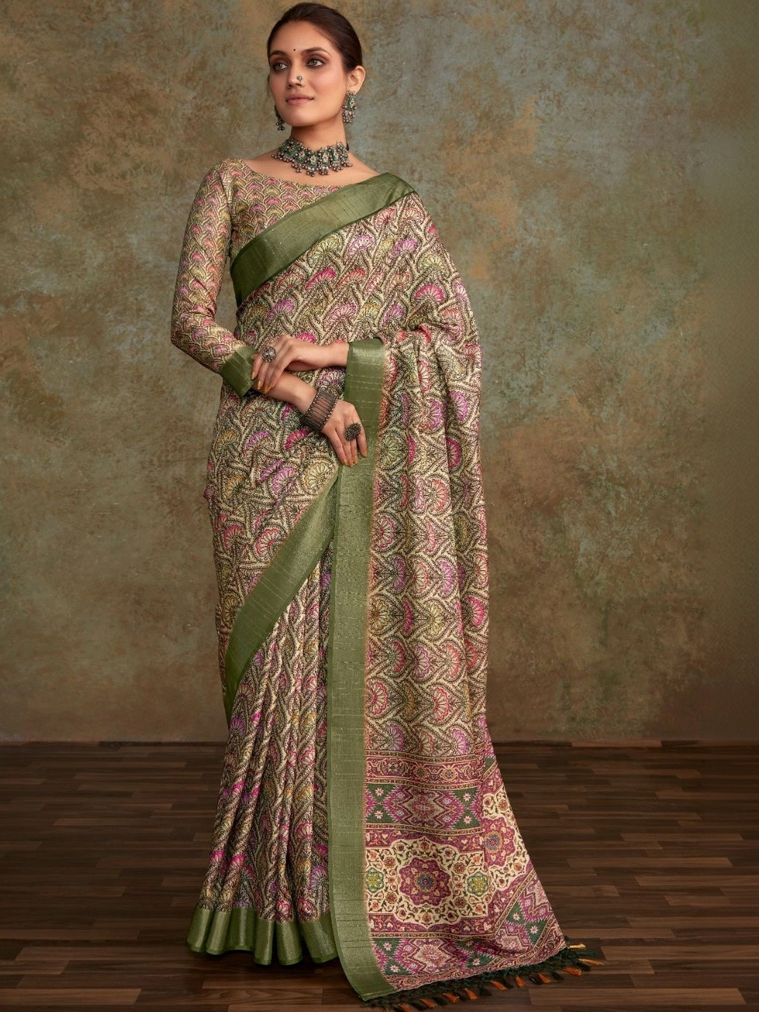 Off White Patola Saree with Paisley Print & Zari Woven Border | Includes Unstitched Blouse