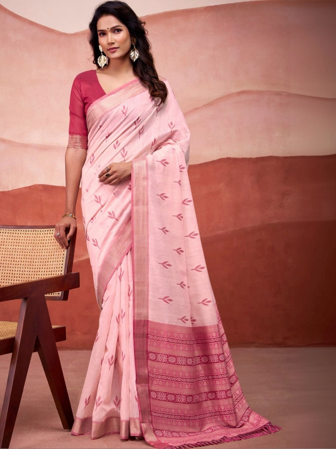 Pink Bhagalpuri Floral Print Saree with Zari Woven Border