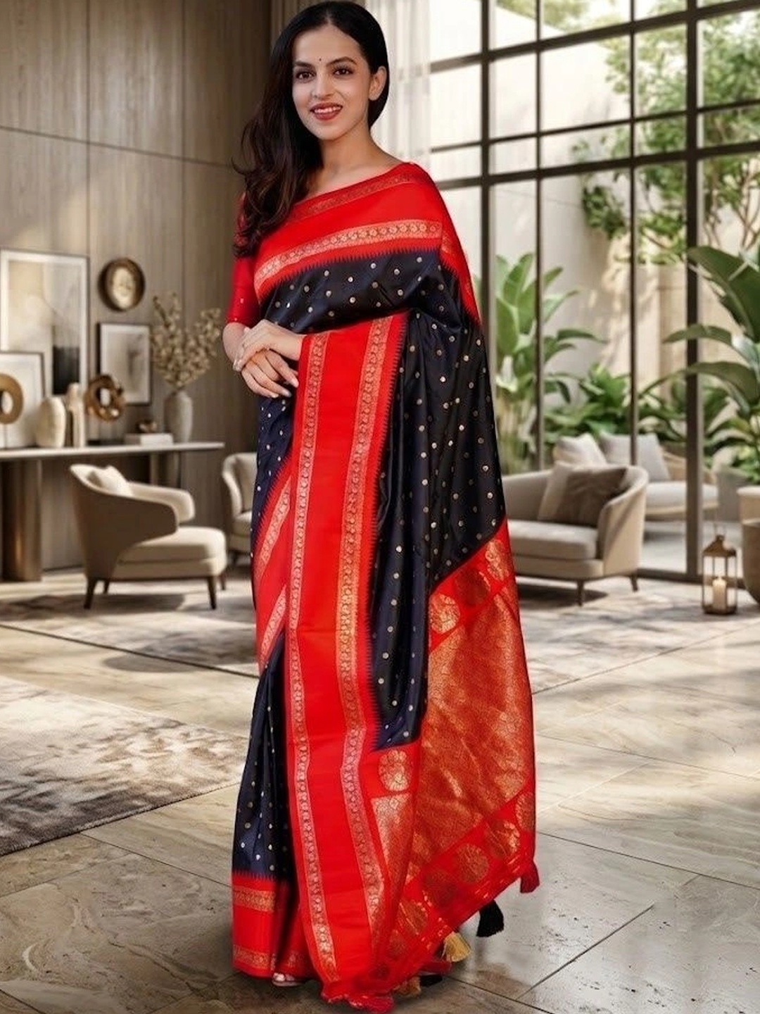 Bold Black Banarasi Woven Design Saree with Zari Border