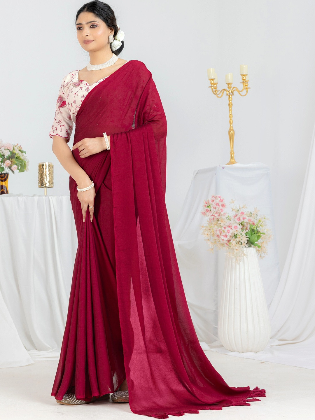 Classic Red Solid Saree with Matching Border