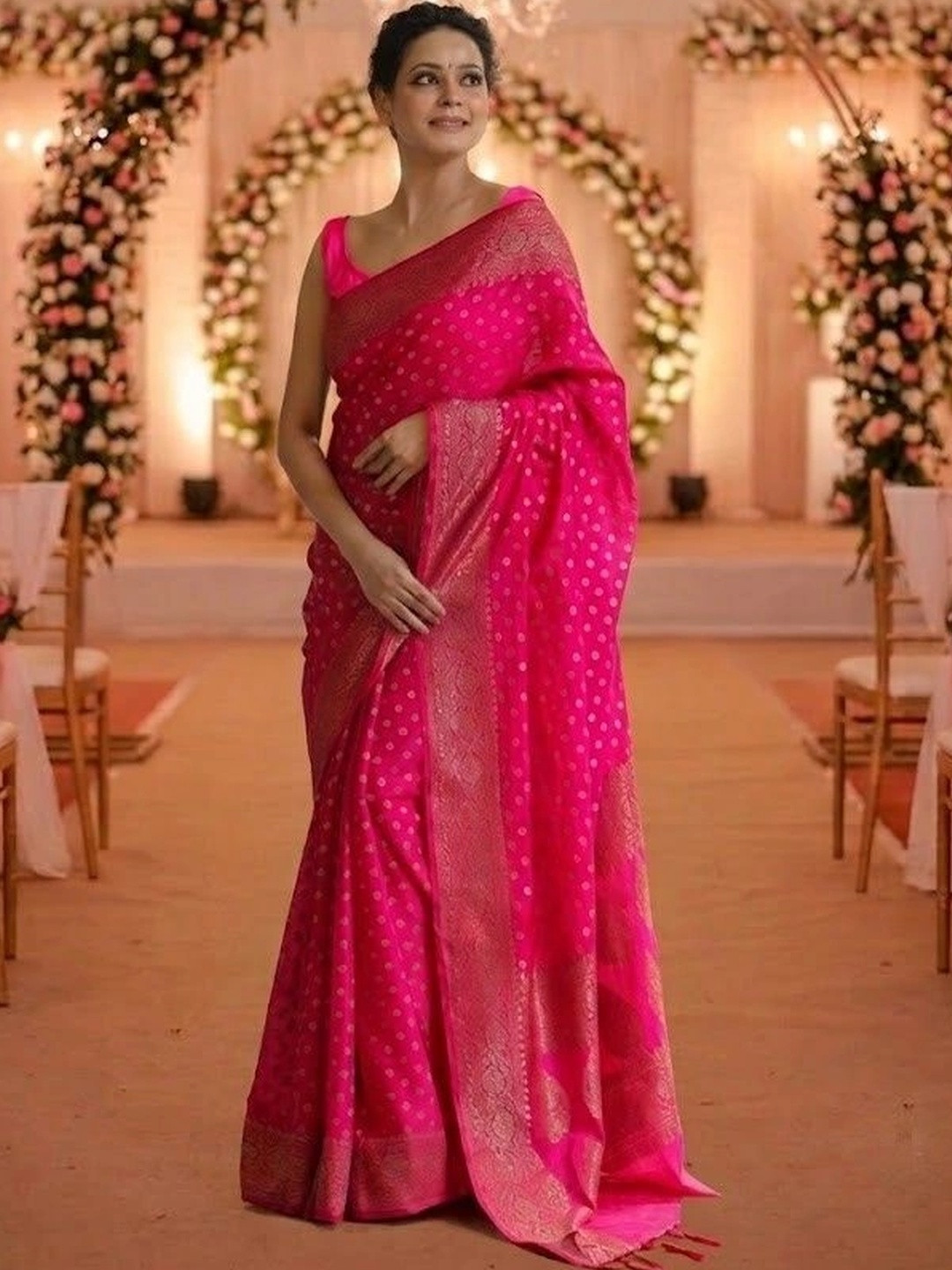 Pink Banarasi Woven Design Saree with Zari Border