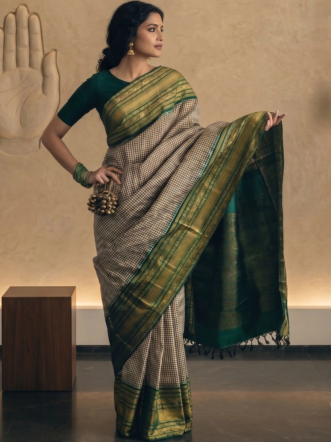 Off White Banarasi Woven Saree with Zari Detail & Border