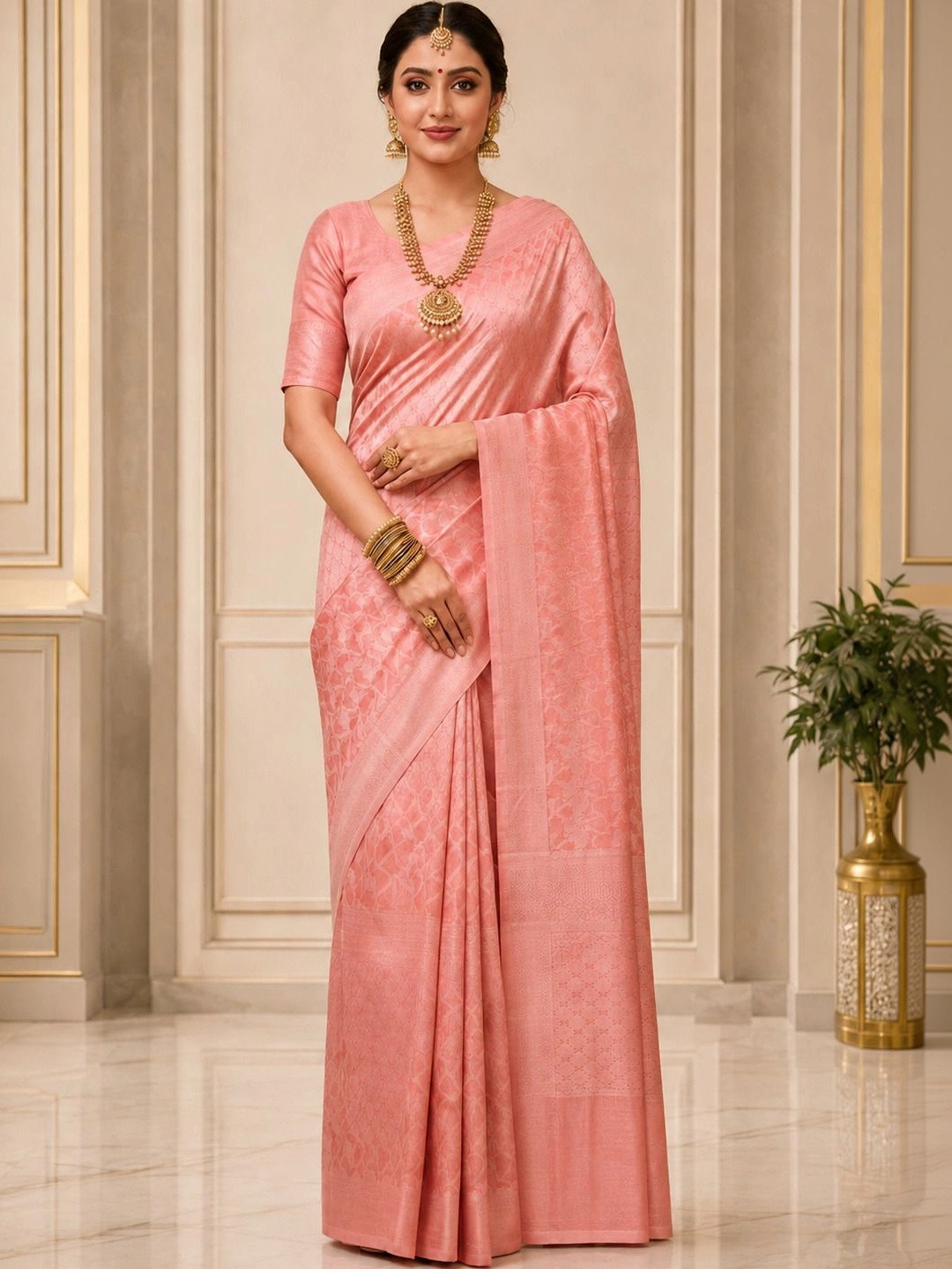 Peach Woven Printed Saree with Zari Detail & Border