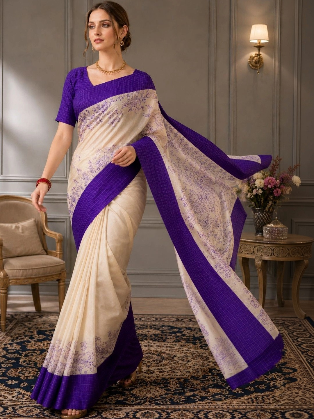 Blue & Cream Dola Silk Ethnic Motifs Saree with Printed Border