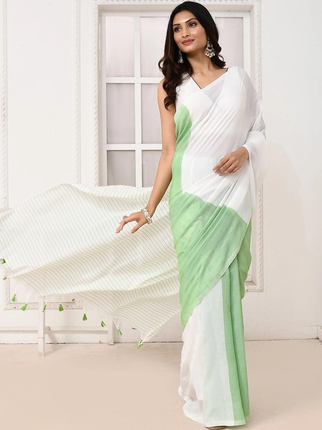 Classic White Striped Saree with Solid Border