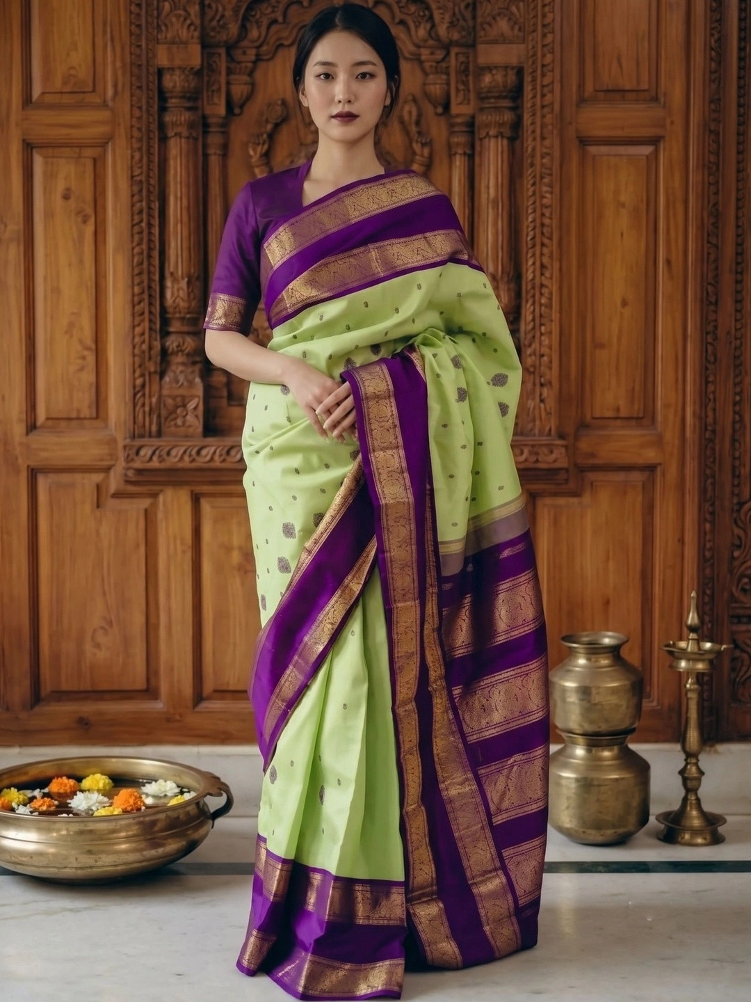 Lime Green Banarasi Woven Solid Saree with Zari Border