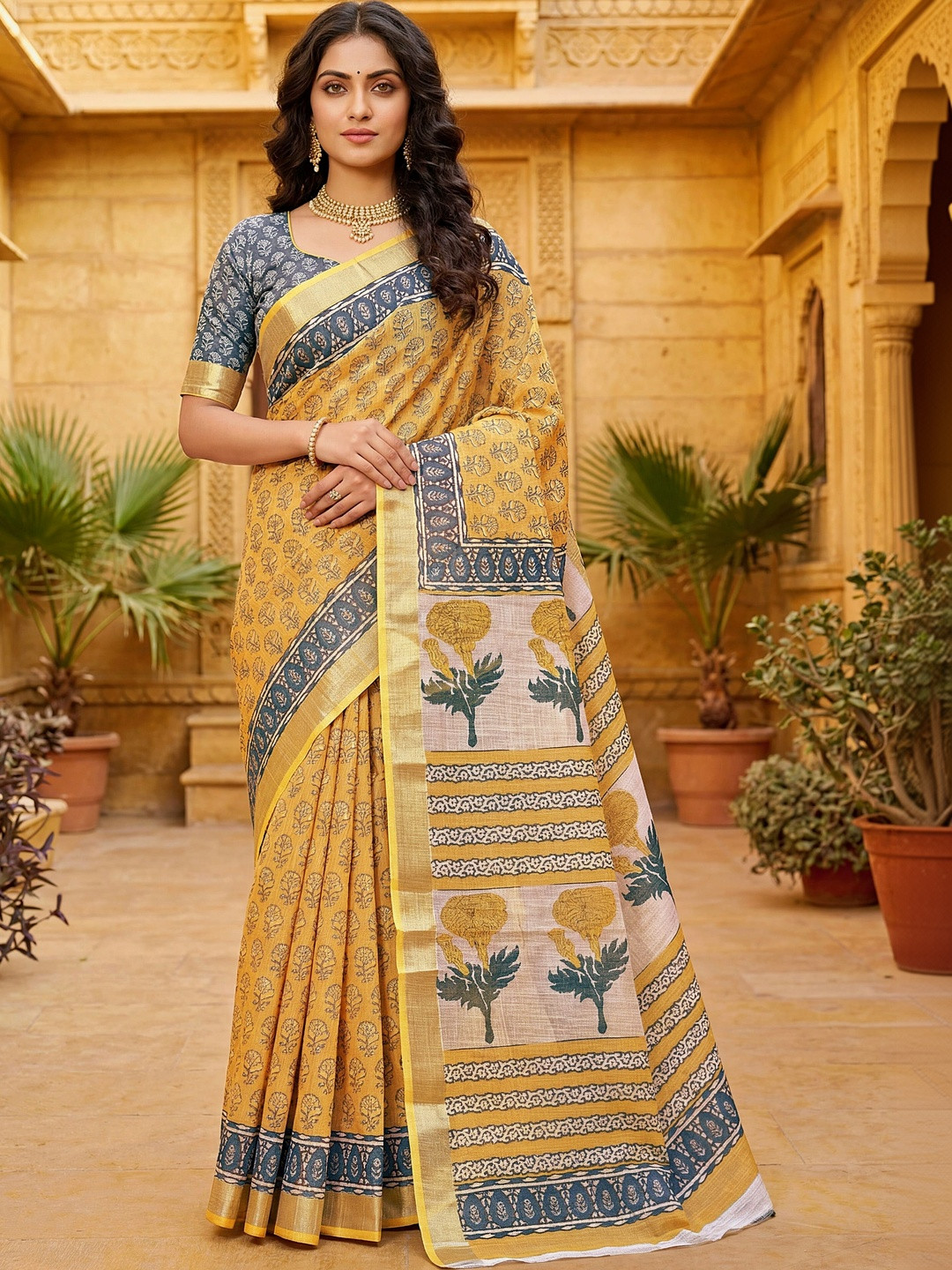 Yellow Floral Print Saree with Zari Border & Details