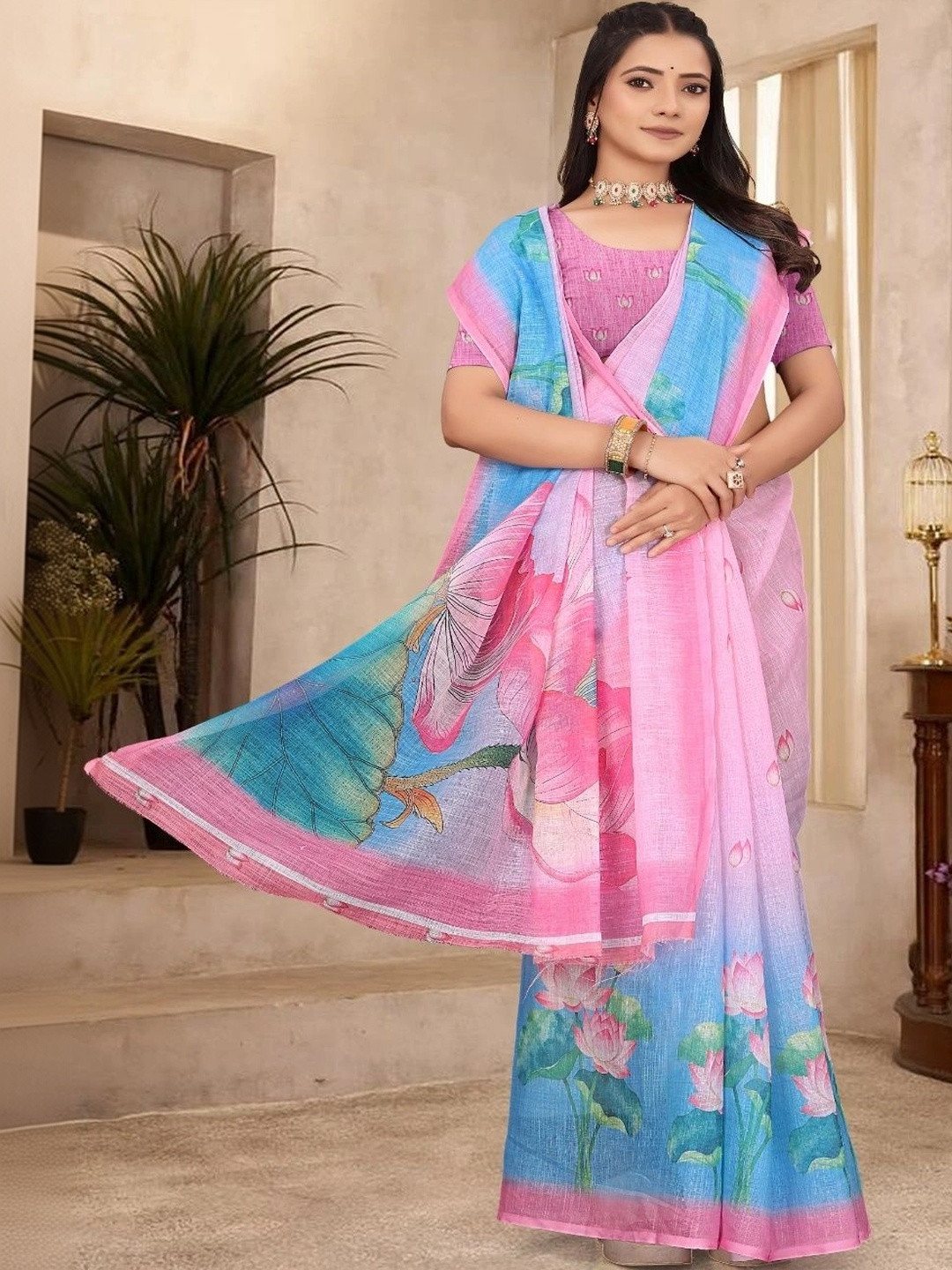 Pink Kanjeevaram Floral Print Saree with Woven Border