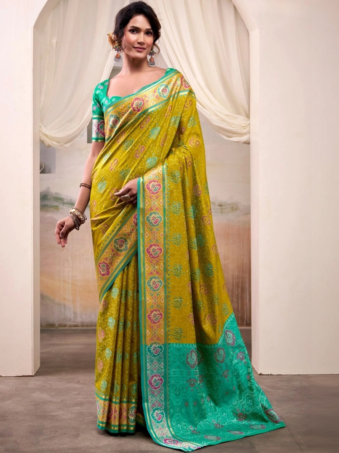 Mustard Patola Woven Saree with Embellishments & Zari Border