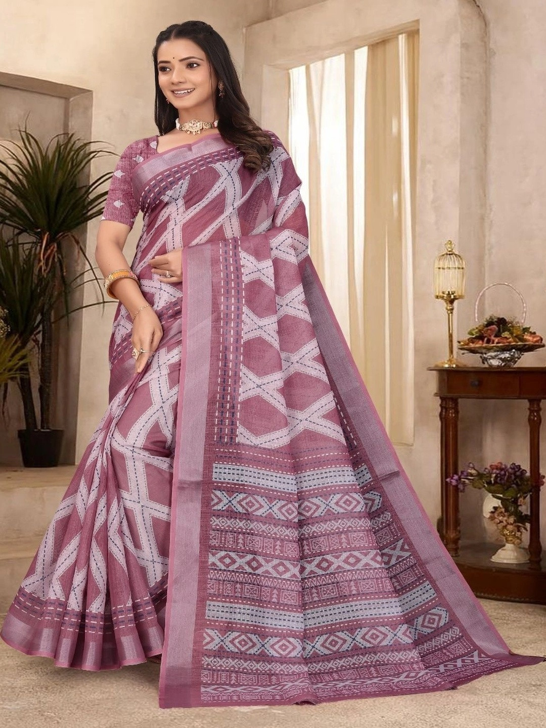 Pink & Peach Kanjeevaram Geometric Print Saree with Woven Border