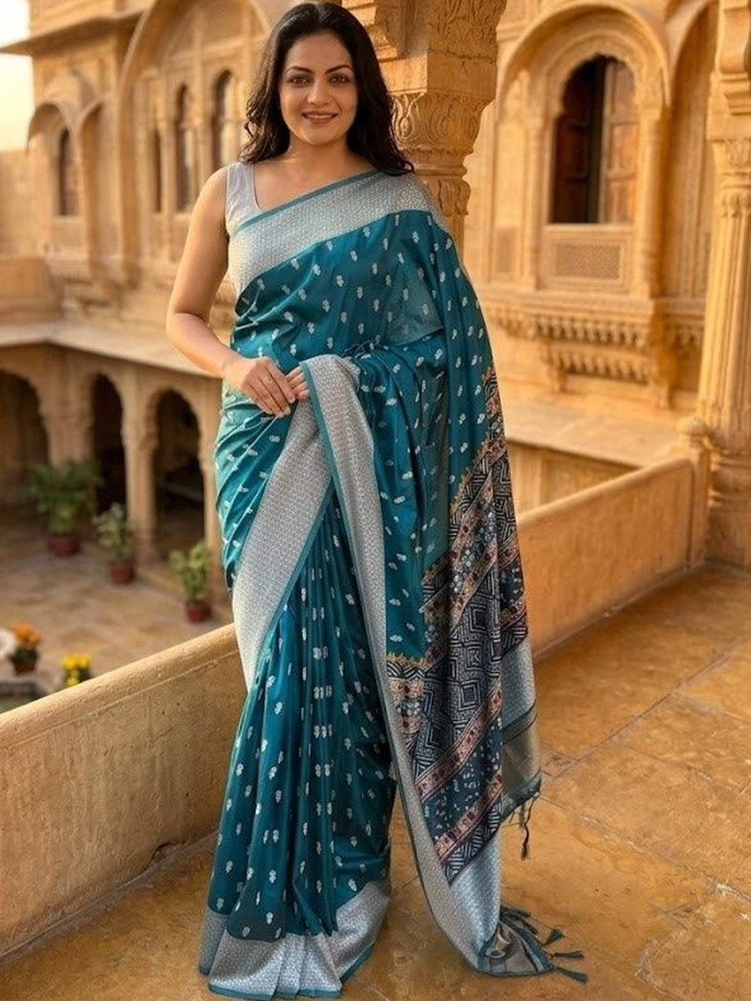 Teal Banarasi Woven Design Saree with Zari Border