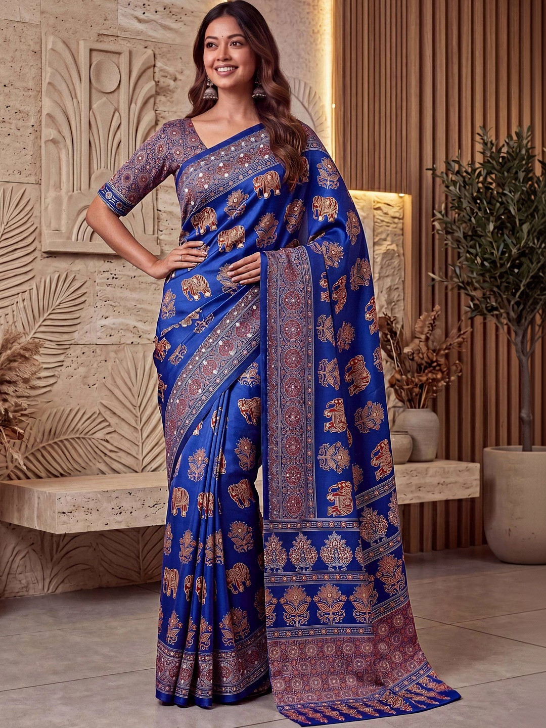 Blue Chanderi Crepe Silk Saree with Floral Embroidery & Mirror Work