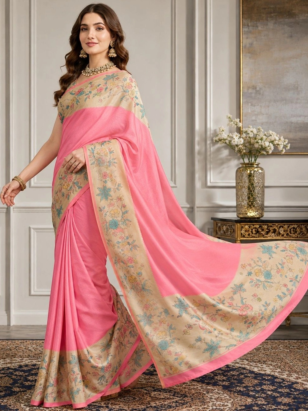Pink Block Print Saree with Floral Patterns & Woven Border