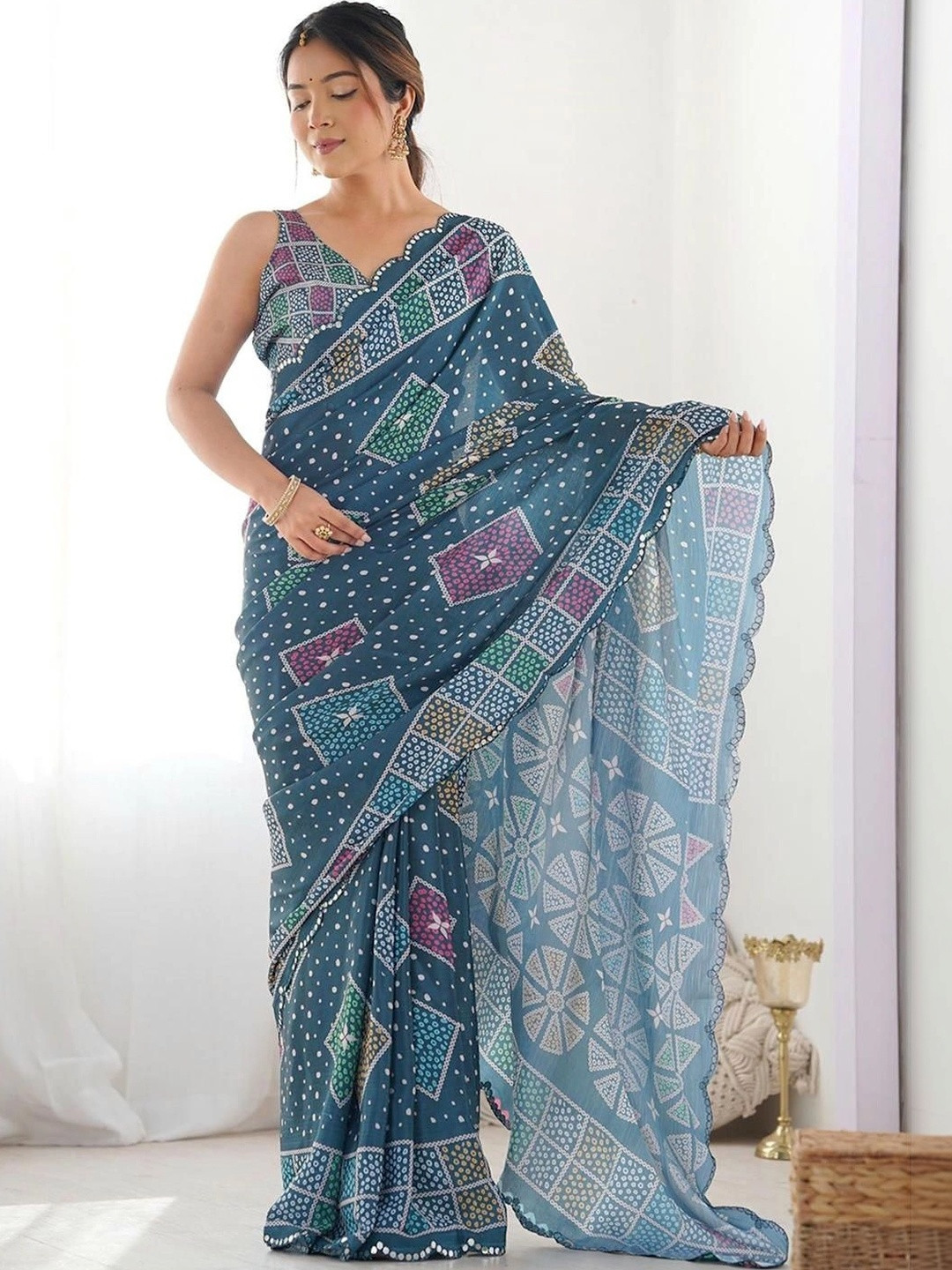 Teal Georgette Bandhani Print Saree with Mirror Work & Solid Border