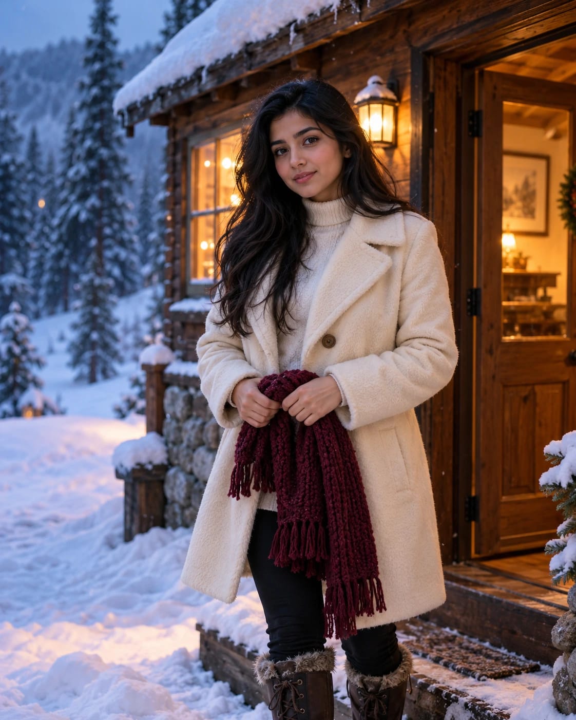 Snow Cabin Cinematic Woman Portrait
