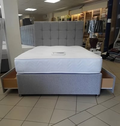 Queen Size Grey Upholstered Divan Bed with Storage Drawers & Tufted Headboard (Mattress Included)