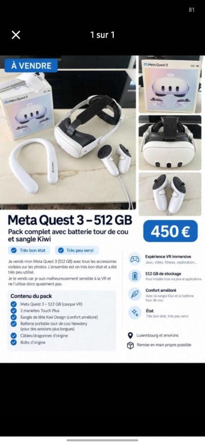 Meta Quest 3 – 512 Go + accessoires Kiwi + batterie – Très bon état
