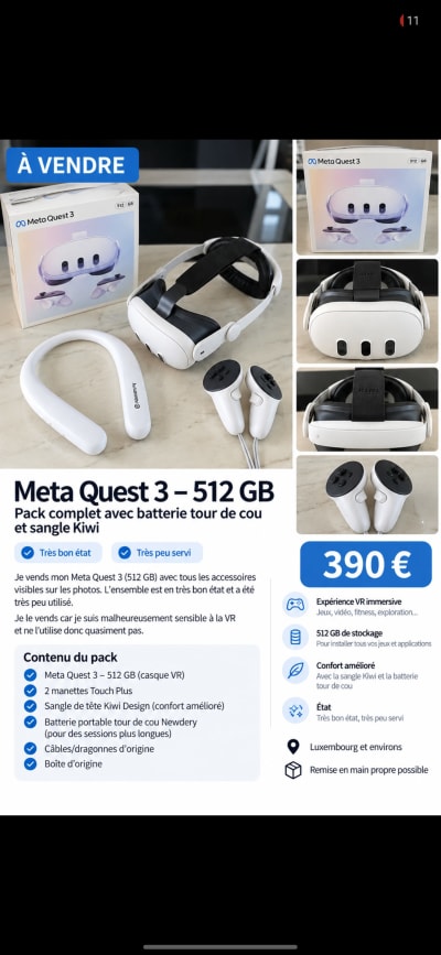 Meta Quest 3 – 512 Go + accessoires Kiwi + batterie – Très bon état