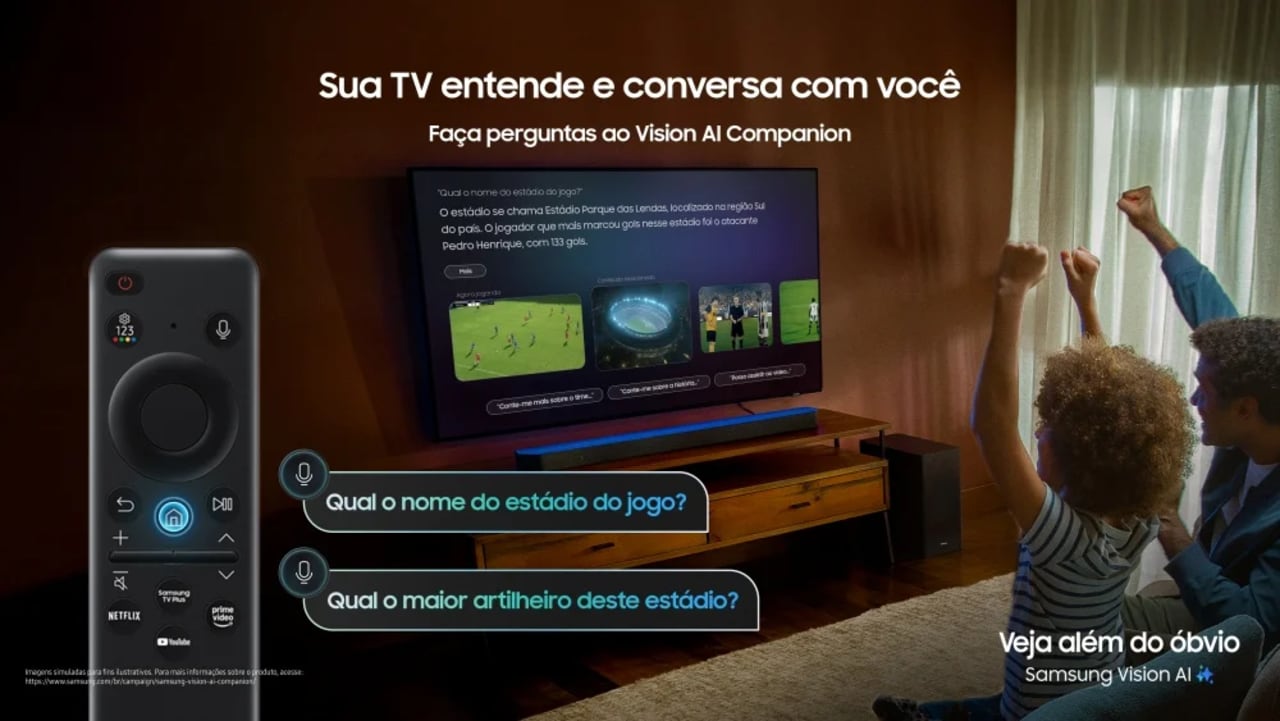 TV Samsung Vision AI exibindo informações sobre futebol e comandos por voz na sala