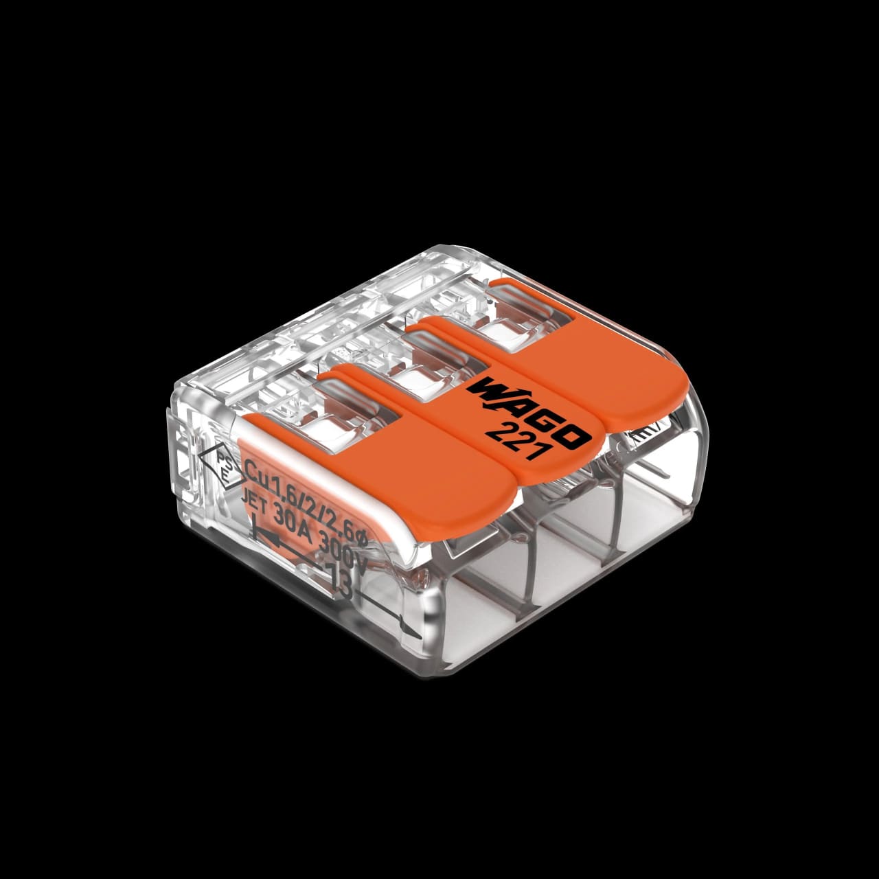 Conector elétrico de alavanca WAGO 221 usado para emendas de fios em instalações elétricas