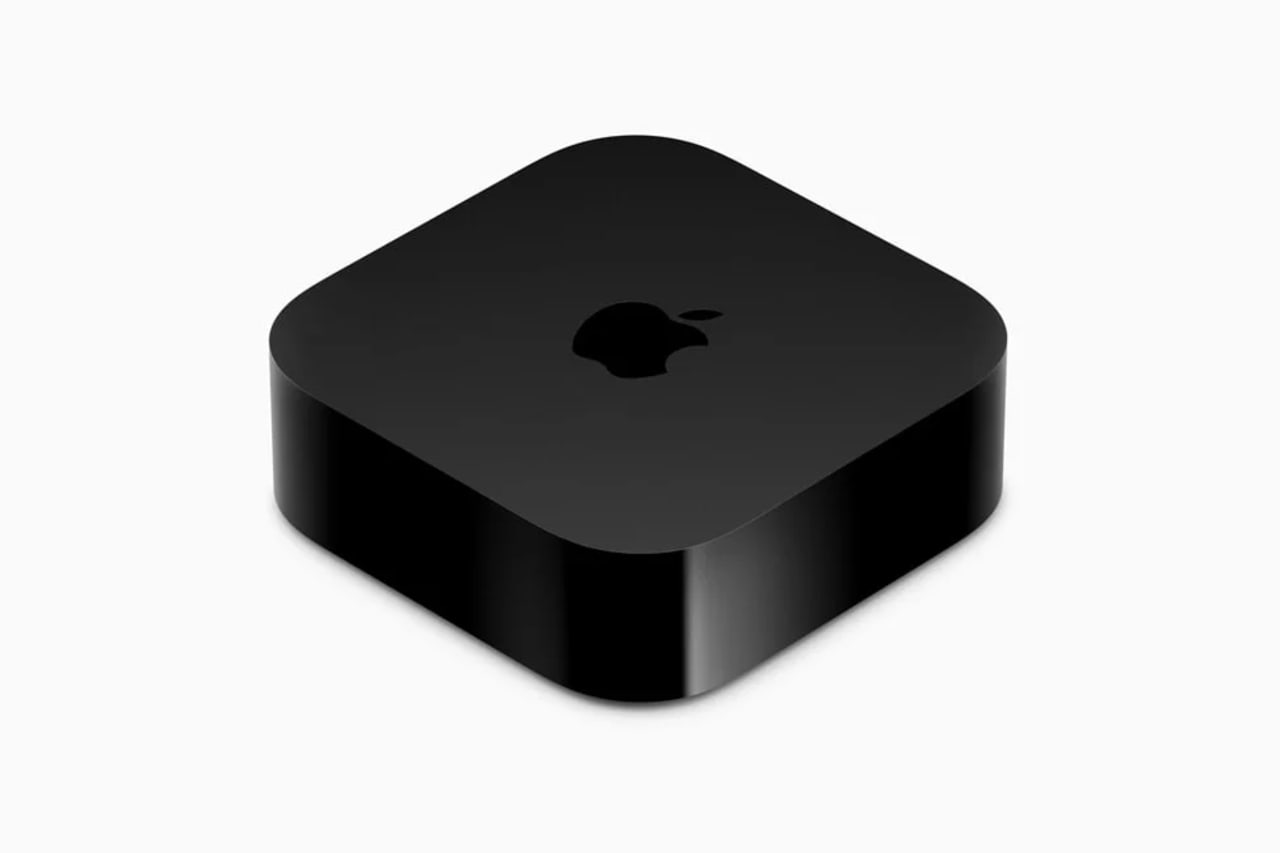 Apple TV 4K vista de cima com acabamento preto, usada como Thread Border Router em Apple Home