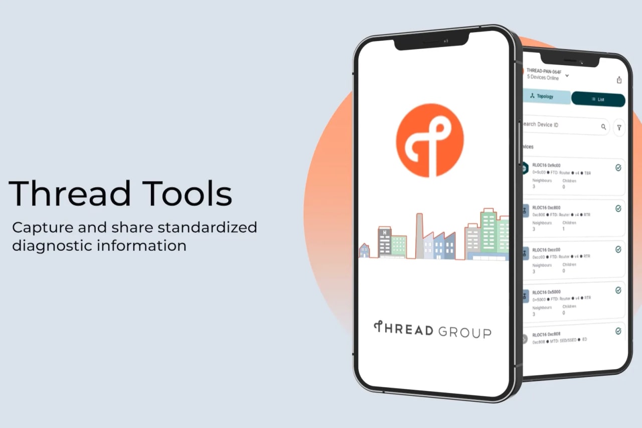 Tela do aplicativo Thread Tools em smartphones, com diagnóstico de rede Thread para casas inteligentes Matter